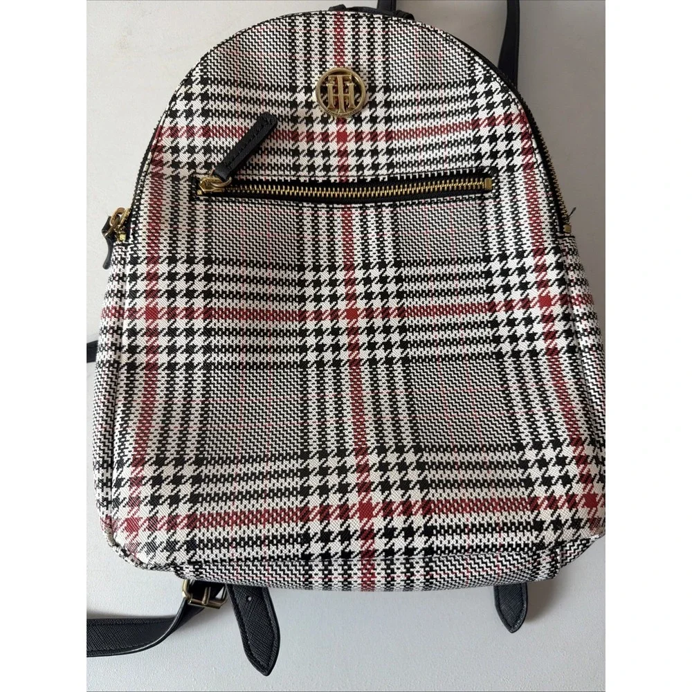 Tommy Hilfiger Women's Black And Red Plaid  Backpack Monogram Printed Logo